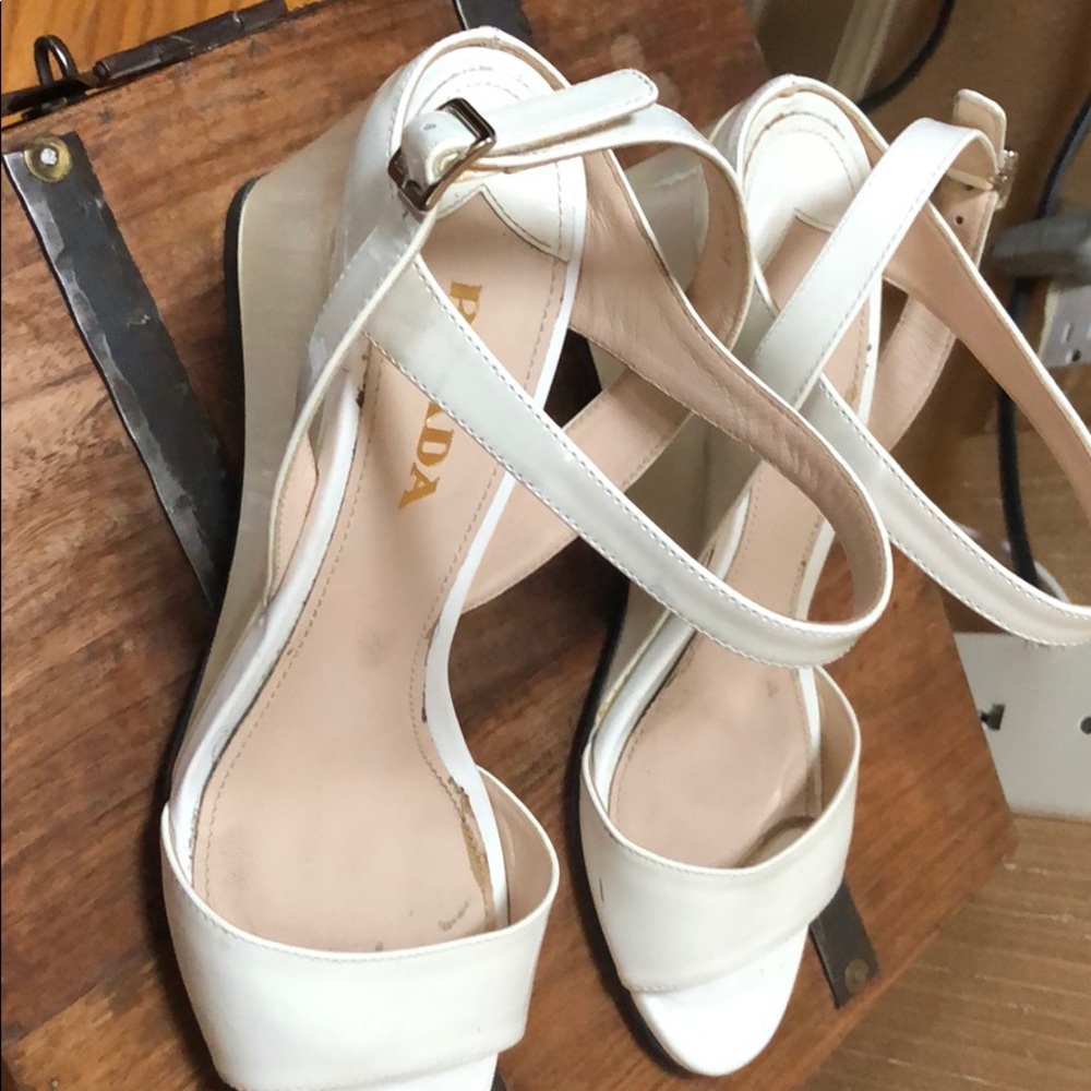 White patent leather wedges